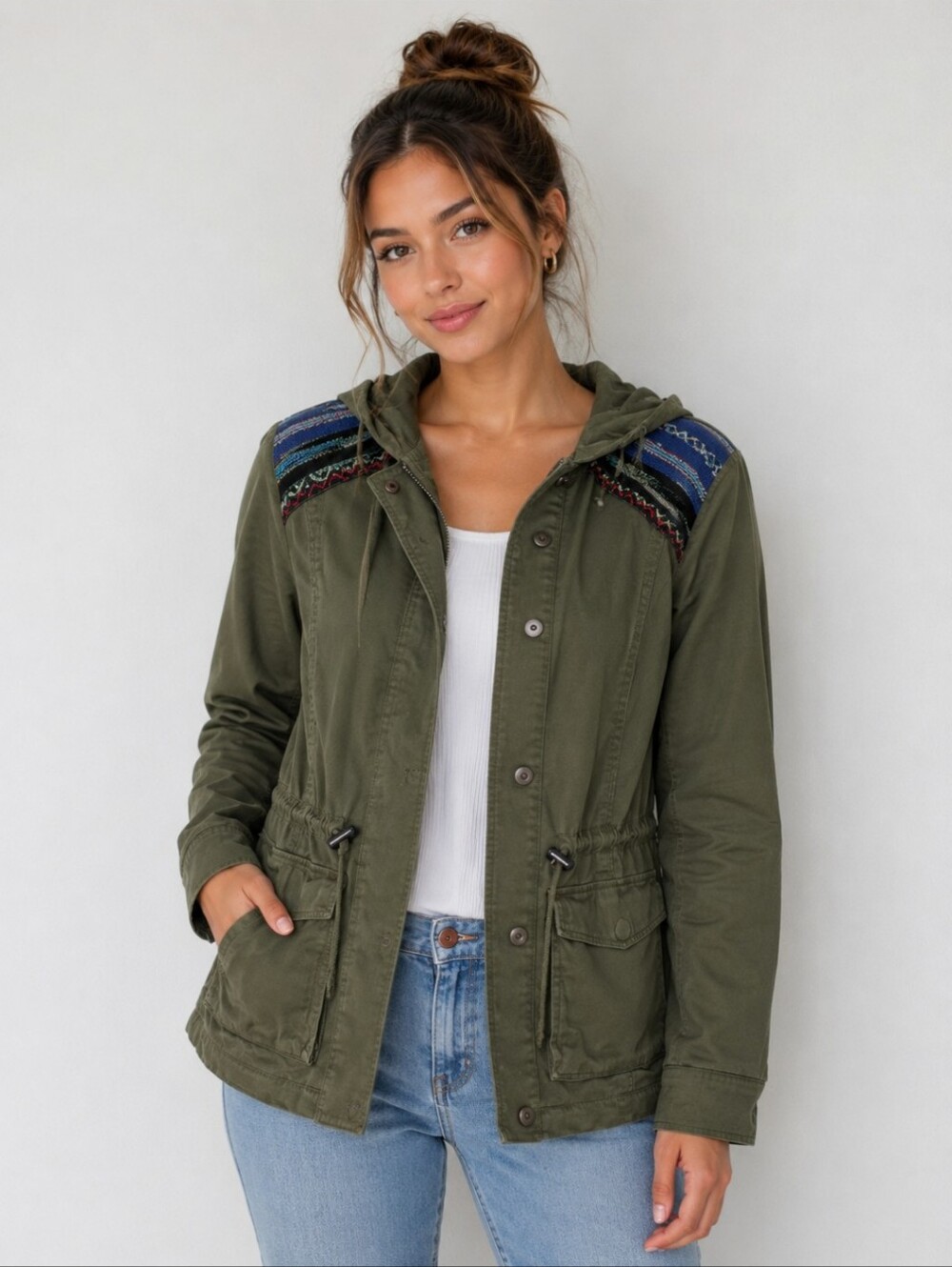 Celebrity Pink Olive Utility Jacket Size S Hooded Boho Festival Military Style